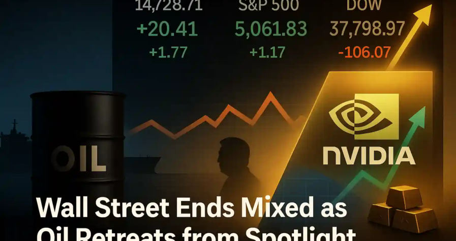 Nvidia logo glowing on screen with rising chart, oil barrel in shadow, and mixed stock index values.