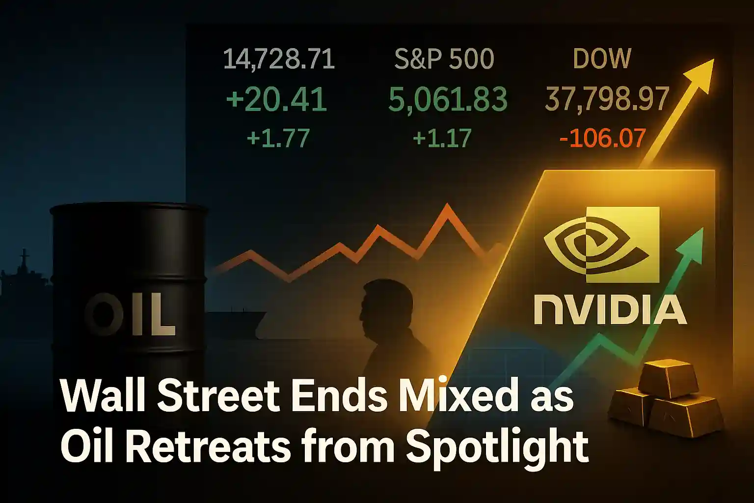 Nvidia logo glowing on screen with rising chart, oil barrel in shadow, and mixed stock index values.