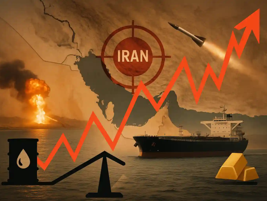 Missile targeting Iran on map, oil tanker, price volatility chart, and gold bars in a visual balance.