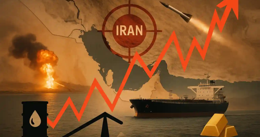 Missile targeting Iran on map, oil tanker, price volatility chart, and gold bars in a visual balance.