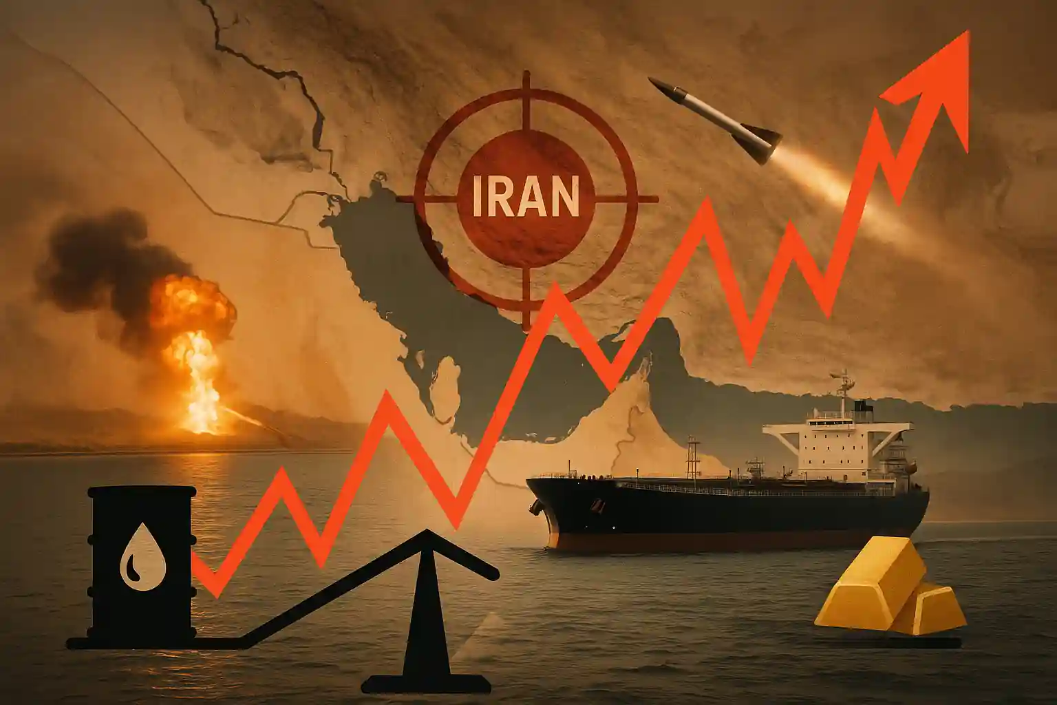 Missile targeting Iran on map, oil tanker, price volatility chart, and gold bars in a visual balance.