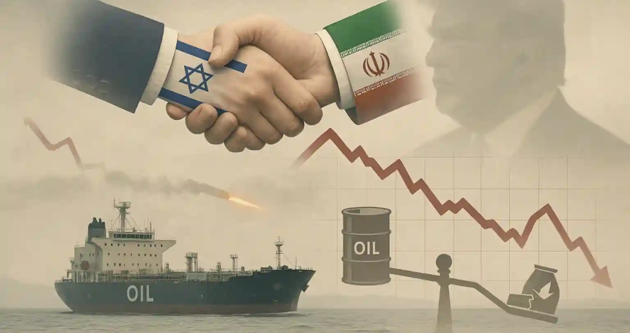 Handshake between Israeli and Iranian flags with oil tanker and falling oil price chart in background.