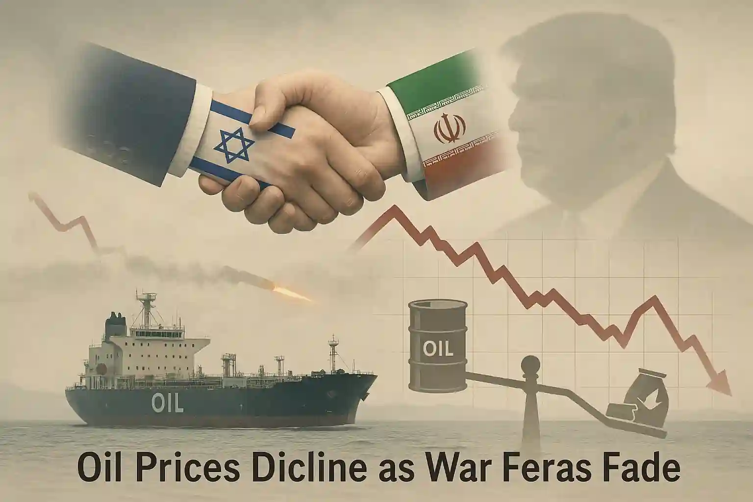 Handshake between Israeli and Iranian flags with oil tanker and falling oil price chart in background.