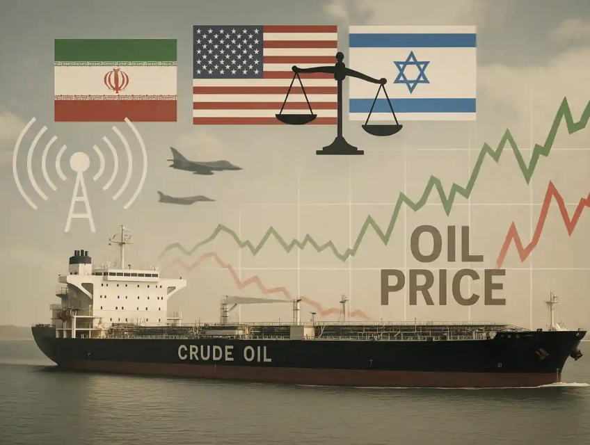 Oil tanker in Strait of Hormuz with radar signal, geopolitical flags, and oil chart showing mixed trends.