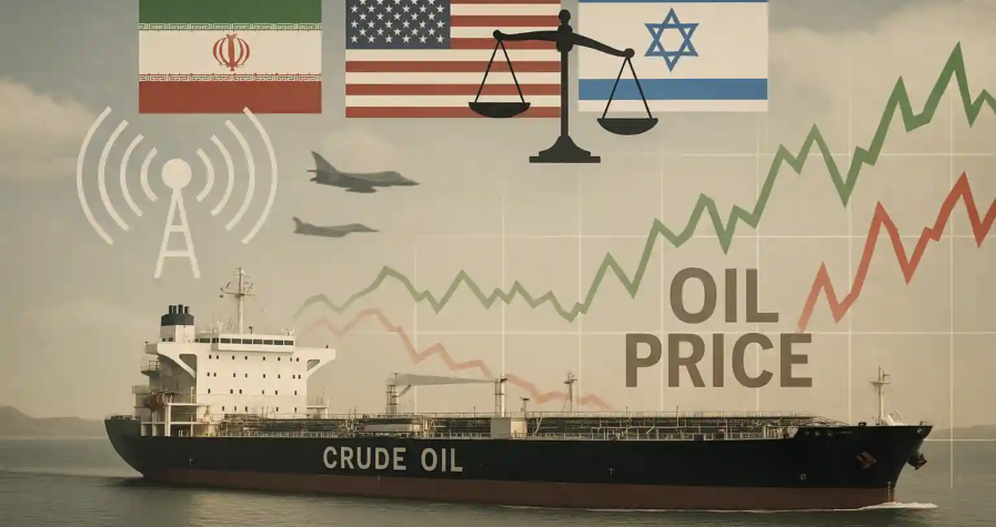 Oil tanker in Strait of Hormuz with radar signal, geopolitical flags, and oil chart showing mixed trends.