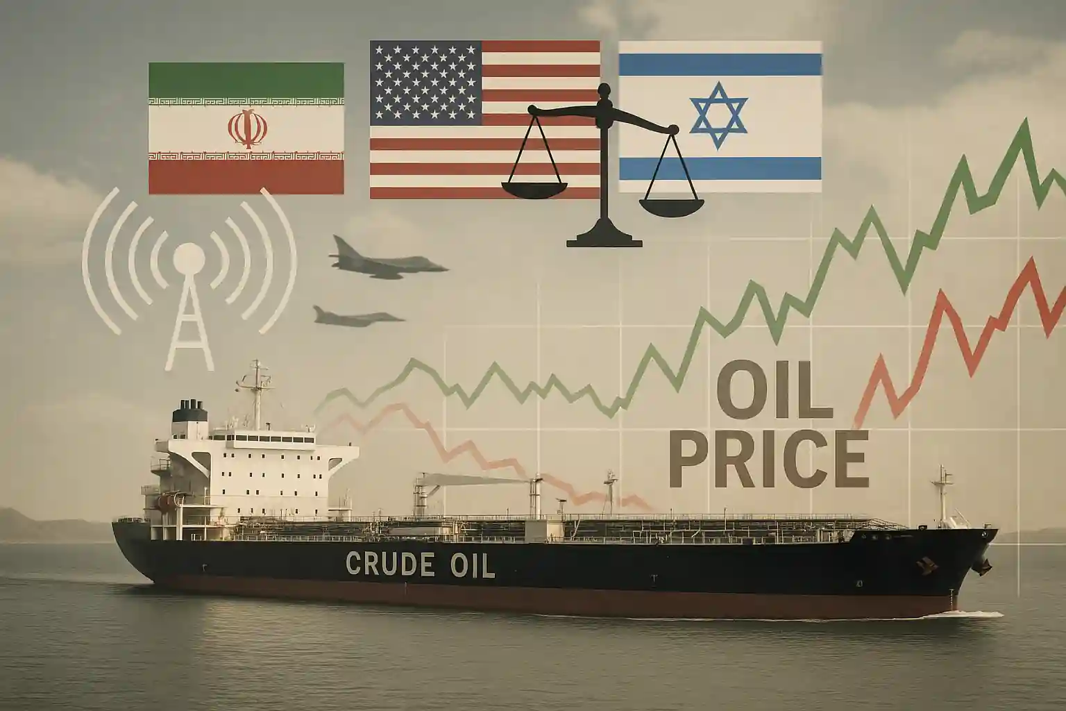 Oil tanker in Strait of Hormuz with radar signal, geopolitical flags, and oil chart showing mixed trends.