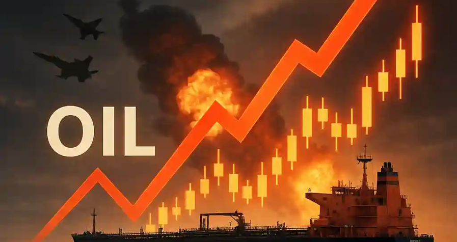 Oil tanker at sea with explosion in background, fighter jets above, and rising oil price chart overlay.