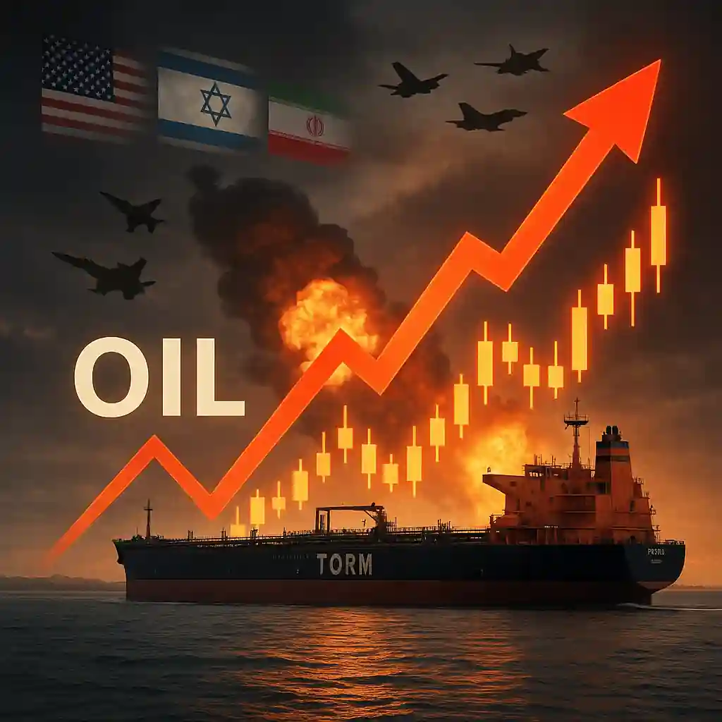 Oil tanker at sea with explosion in background, fighter jets above, and rising oil price chart overlay.