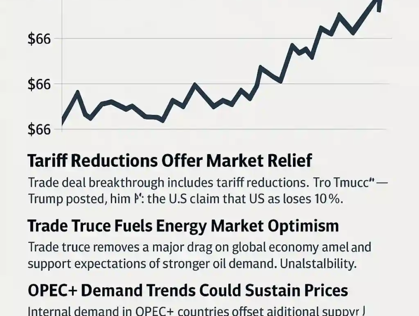 Infographic showing oil price spike to $68 on US-China trade progress, with chart, tariff notes, and demand outlook.