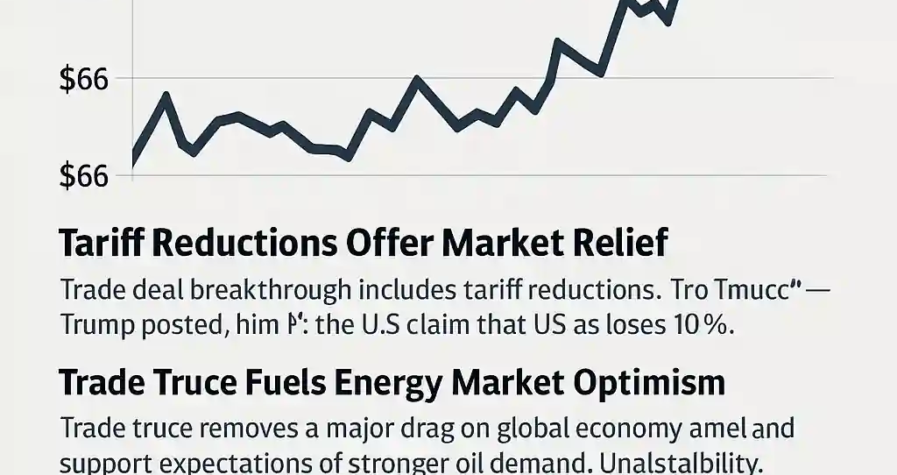 Infographic showing oil price spike to $68 on US-China trade progress, with chart, tariff notes, and demand outlook.