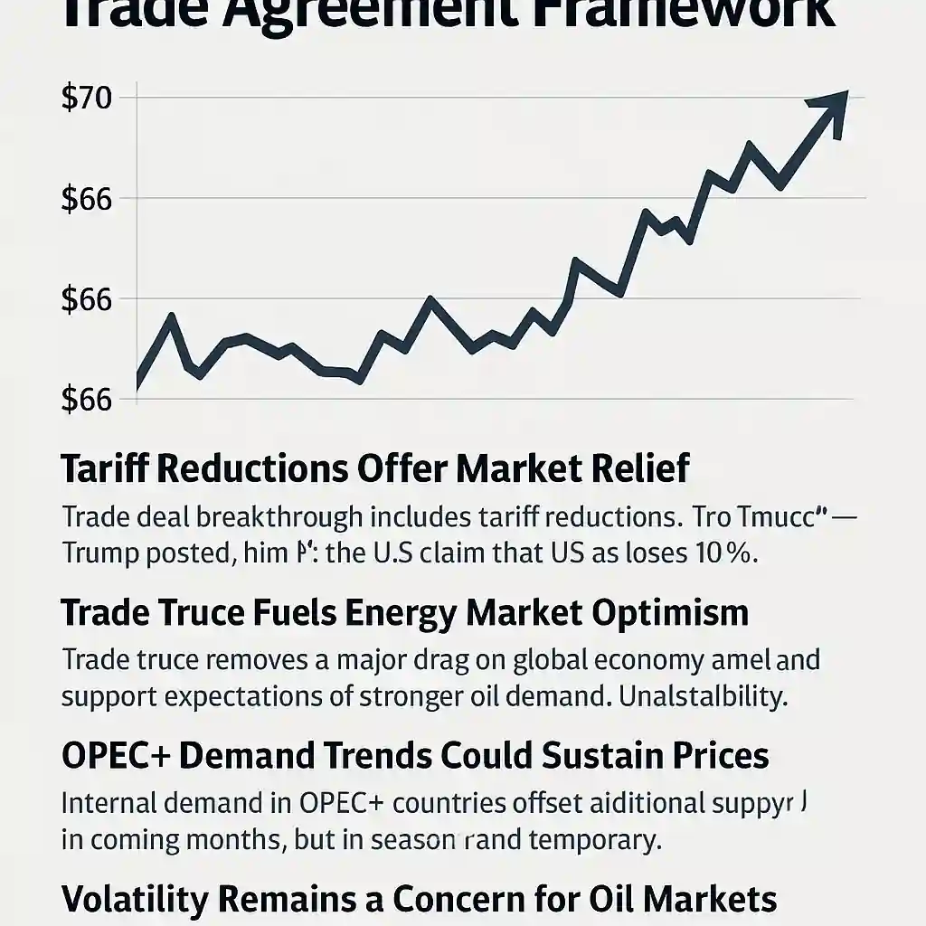 Infographic showing oil price spike to $68 on US-China trade progress, with chart, tariff notes, and demand outlook.