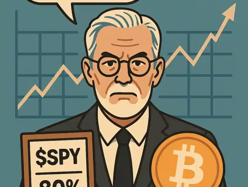 Peter Brandt avec un panneau “Don’t Trade!”, une répartition SPY 80 % / Bitcoin 20 %, et un graphique de marché en fond