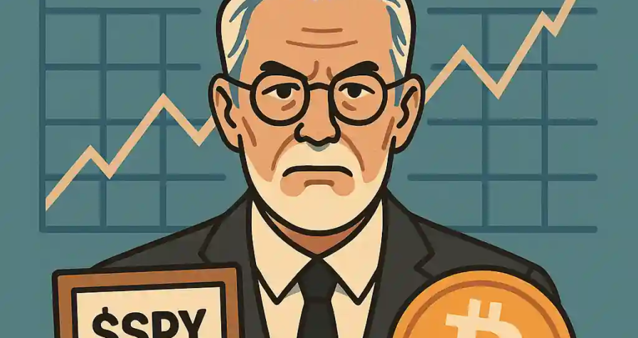 Peter Brandt avec un panneau “Don’t Trade!”, une répartition SPY 80 % / Bitcoin 20 %, et un graphique de marché en fond