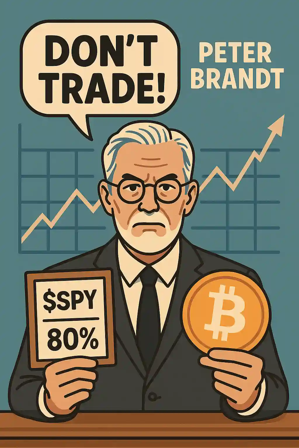 Peter Brandt avec un panneau “Don’t Trade!”, une répartition SPY 80 % / Bitcoin 20 %, et un graphique de marché en fond