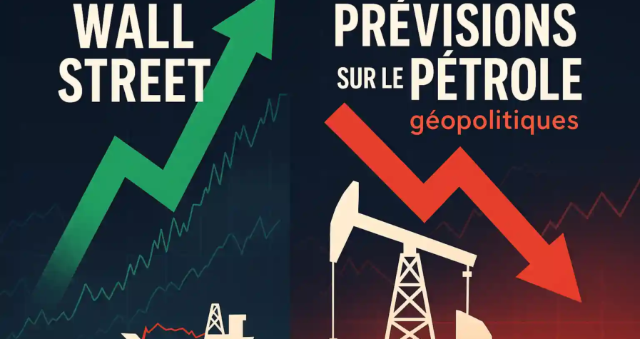 Infographie illustrant la révision des prévisions pétrolières par Wall Street, avec flèche verte haussière pour les marchés et flèche rouge baissière pour le pétrole.