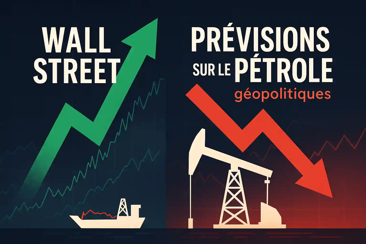 Infographie illustrant la révision des prévisions pétrolières par Wall Street, avec flèche verte haussière pour les marchés et flèche rouge baissière pour le pétrole.