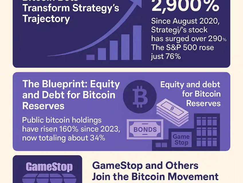 Infographic highlighting Bitcoin adoption by public firms, Strategy’s 2,900% stock surge, and GameStop’s treasury pivot.