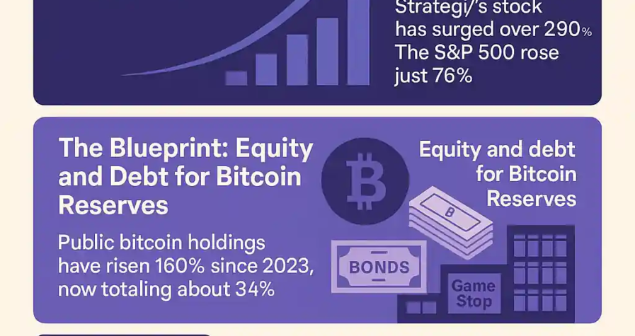 Infographic highlighting Bitcoin adoption by public firms, Strategy’s 2,900% stock surge, and GameStop’s treasury pivot.