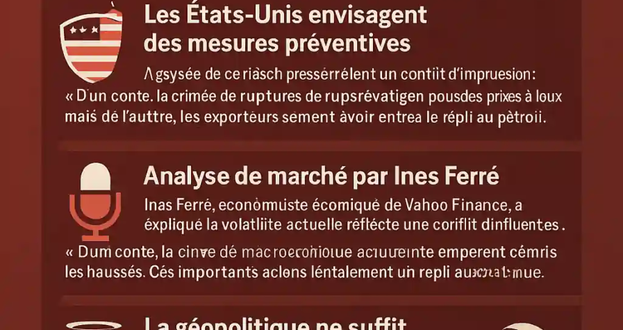 Infographie sur la baisse du pétrole après un pic de deux mois, influencée par les tensions géopolitiques et les fondamentaux économiques