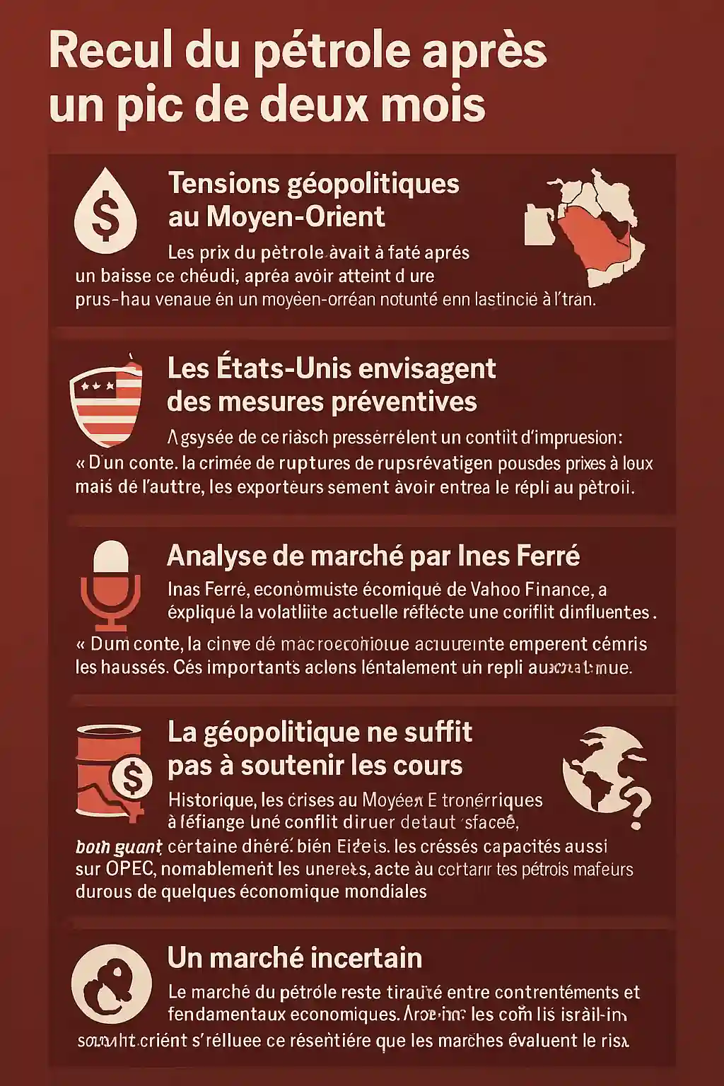 Infographie sur la baisse du pétrole après un pic de deux mois, influencée par les tensions géopolitiques et les fondamentaux économiques