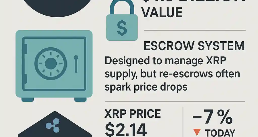 Infographic showing Ripple’s escrow of 680M XRP for $1.5B, market impact, price drop, and centralization concerns.