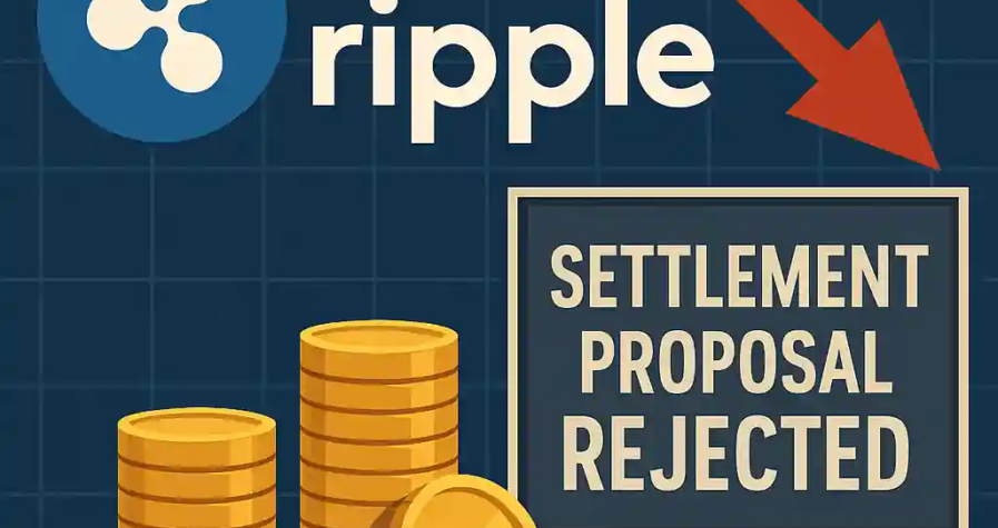Ripple logo with red downward arrow and gold coin stacks beside a sign reading “Settlement Proposal Rejected” symbolizing court setback.