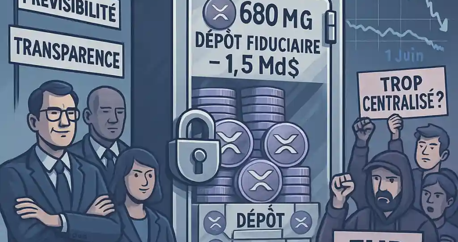 Illustration d’un coffre transparent rempli de XRP, entouré d’institutionnels prônant la prévisibilité et de membres de la communauté criant à la centralisation.
