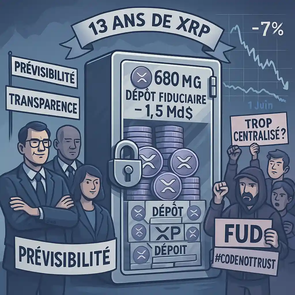 Illustration d’un coffre transparent rempli de XRP, entouré d’institutionnels prônant la prévisibilité et de membres de la communauté criant à la centralisation.