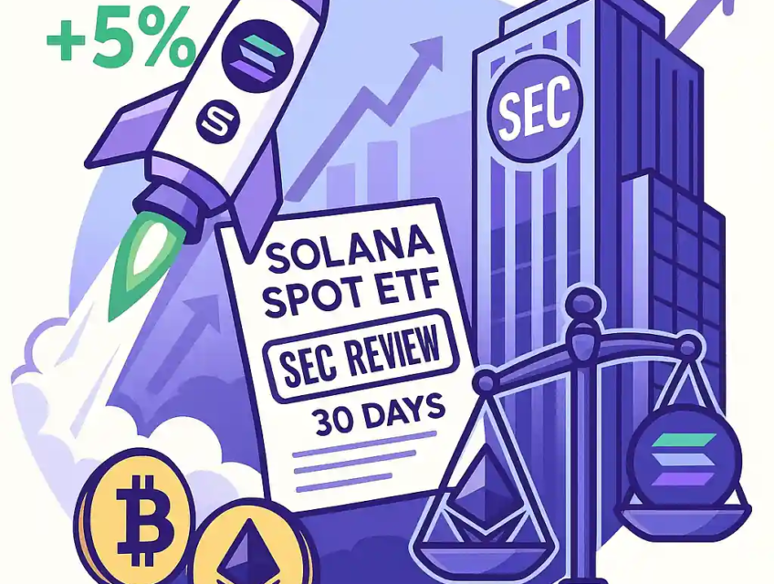 Illustration d’une fusée Solana marquant +5 %, avec un document “SEC REVIEW”, un bâtiment SEC et une balance BTC-ETH-SOL.