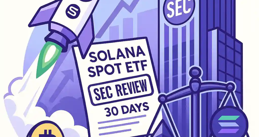 Illustration d’une fusée Solana marquant +5 %, avec un document “SEC REVIEW”, un bâtiment SEC et une balance BTC-ETH-SOL.