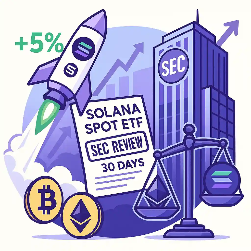 Illustration d’une fusée Solana marquant +5 %, avec un document “SEC REVIEW”, un bâtiment SEC et une balance BTC-ETH-SOL.