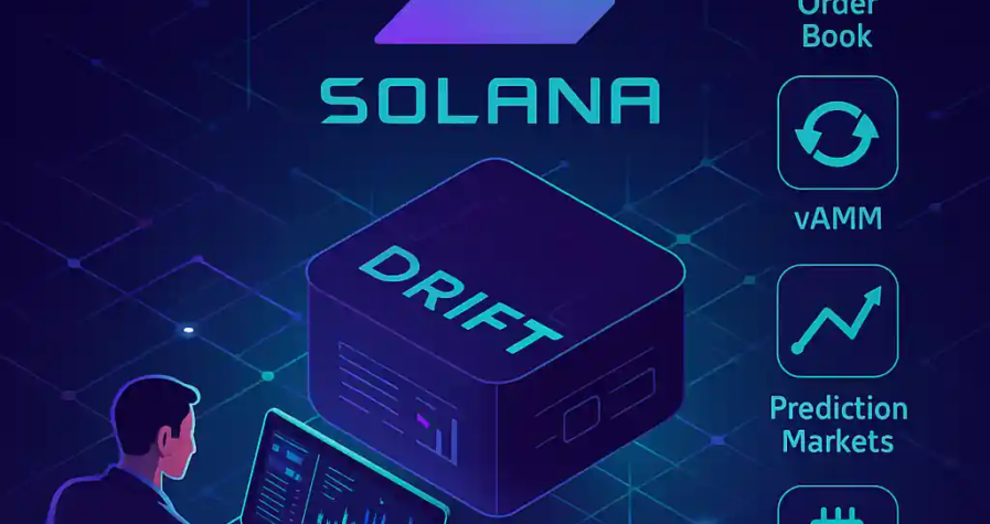 Infographie de Drift sur Solana montrant un trader devant une interface de marché, entourée d’icônes de carnet d’ordres, vAMM, marchés prédictifs et API, avec le logo Solana au centre.
