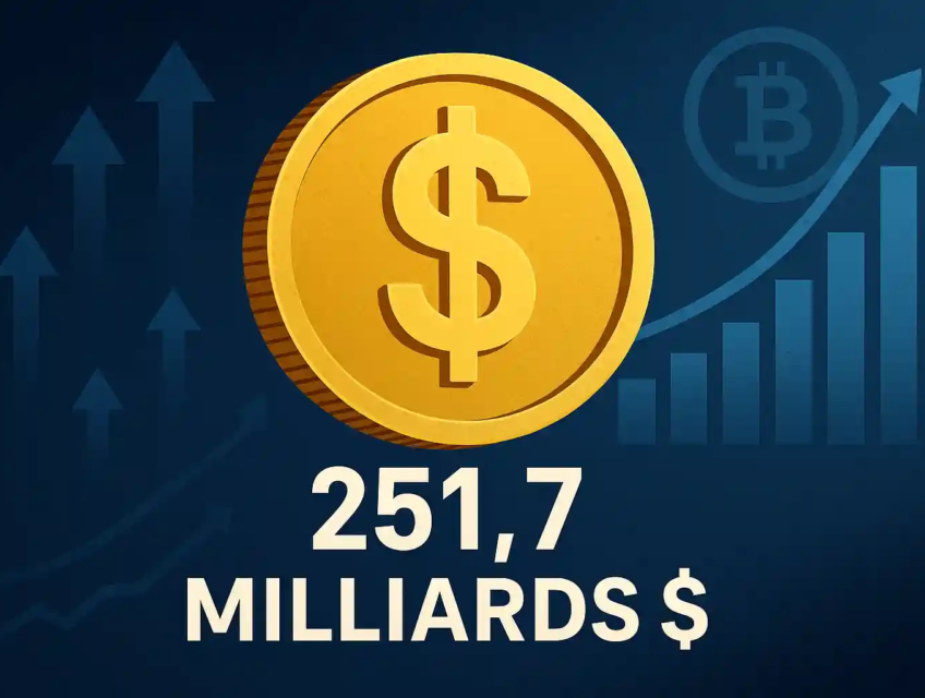 Illustration d'une pièce en or symbolisant un stablecoin avec flèche de croissance et valeur de 251,7 milliards de dollars.