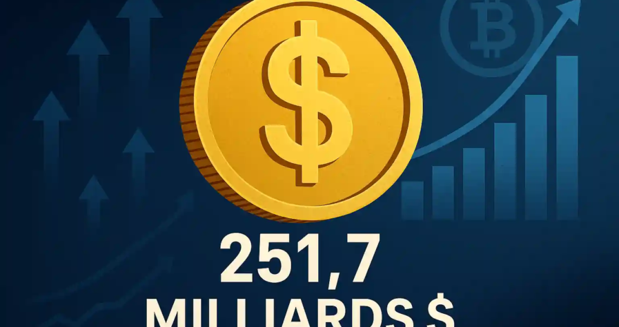 Illustration d'une pièce en or symbolisant un stablecoin avec flèche de croissance et valeur de 251,7 milliards de dollars.