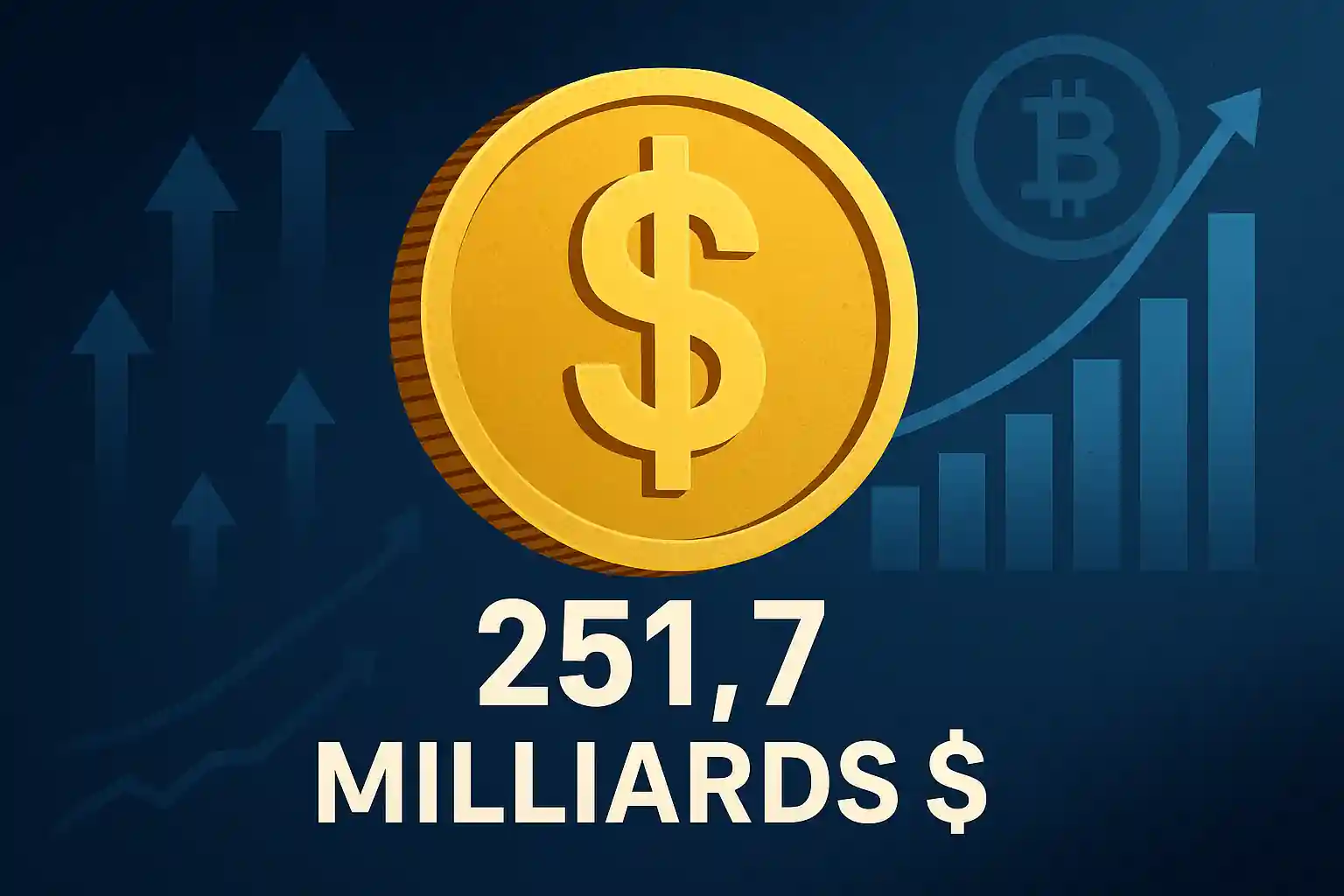 Illustration d'une pièce en or symbolisant un stablecoin avec flèche de croissance et valeur de 251,7 milliards de dollars.