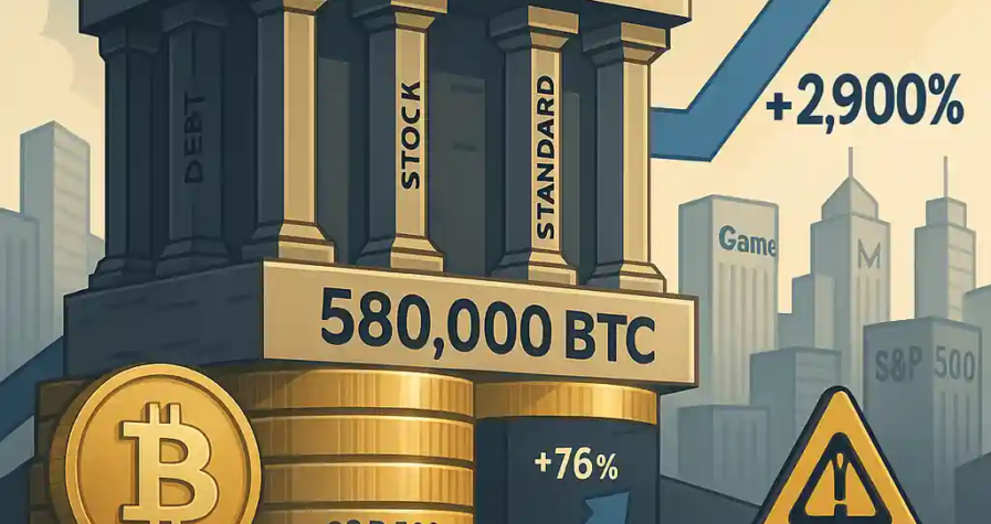 Illustration infographique montrant Strategy comme un bâtiment soutenu par la dette, les actions et le bitcoin standard, avec 580 000 BTC en réserve et un avertissement sur le levier élevé.