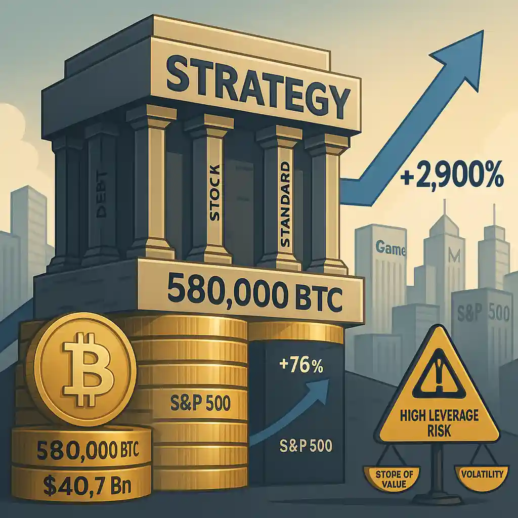 Illustration infographique montrant Strategy comme un bâtiment soutenu par la dette, les actions et le bitcoin standard, avec 580 000 BTC en réserve et un avertissement sur le levier élevé.