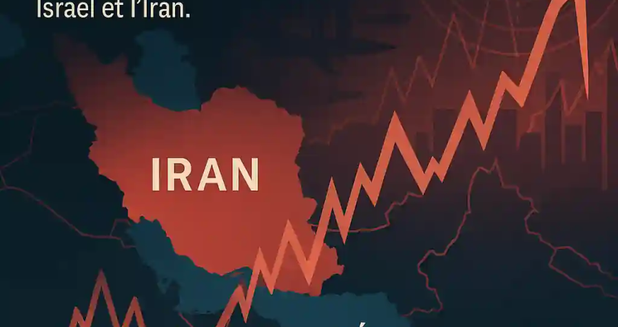 Carte du Moyen-Orient avec tankers et flèche rouge de hausse du pétrole, illustrant l’impact du conflit Iran-Israël sur le marché pétrolier.