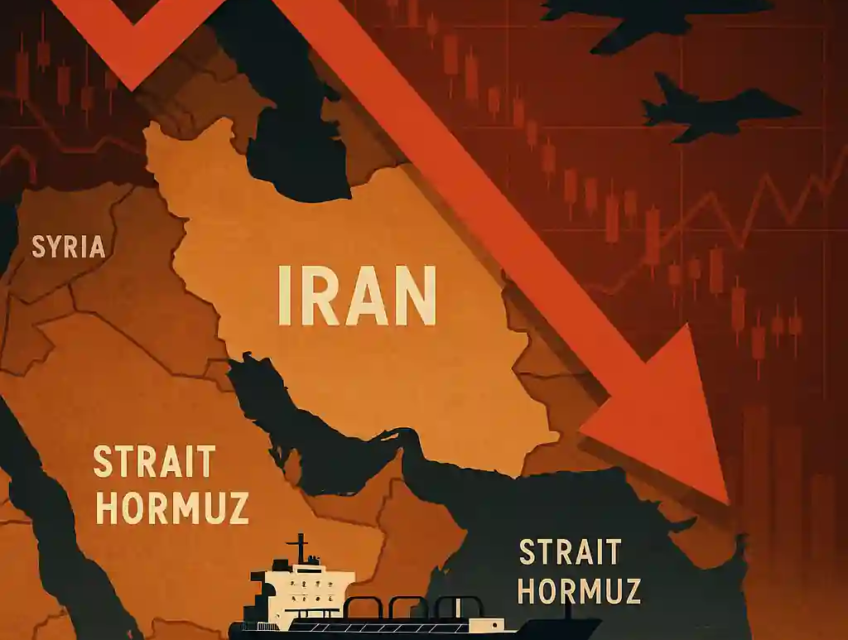 Carte stylisée du Moyen-Orient avec l’Iran et le détroit d’Ormuz, flèche rouge baissière, pétrolier et avions militaires.