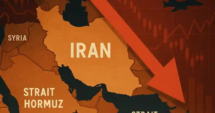 Carte stylisée du Moyen-Orient avec l’Iran et le détroit d’Ormuz, flèche rouge baissière, pétrolier et avions militaires.