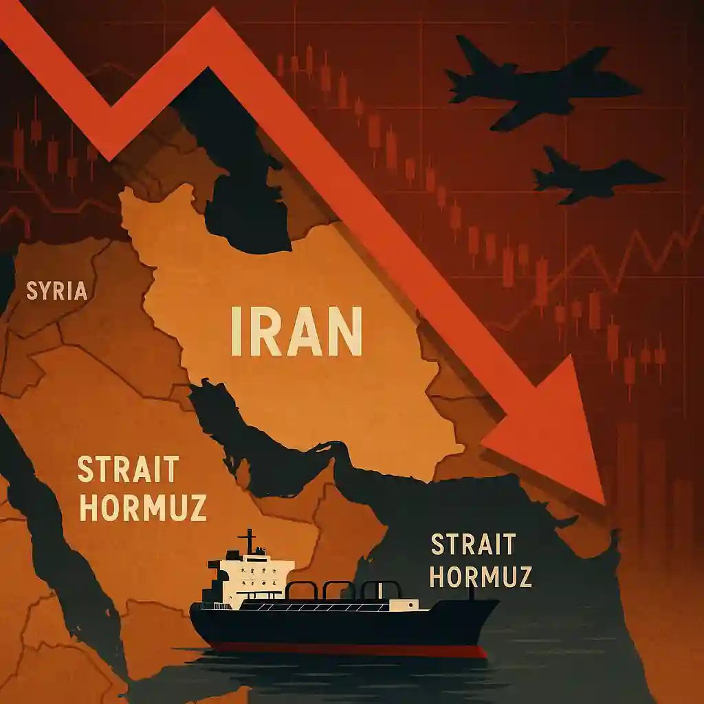 Carte stylisée du Moyen-Orient avec l’Iran et le détroit d’Ormuz, flèche rouge baissière, pétrolier et avions militaires.