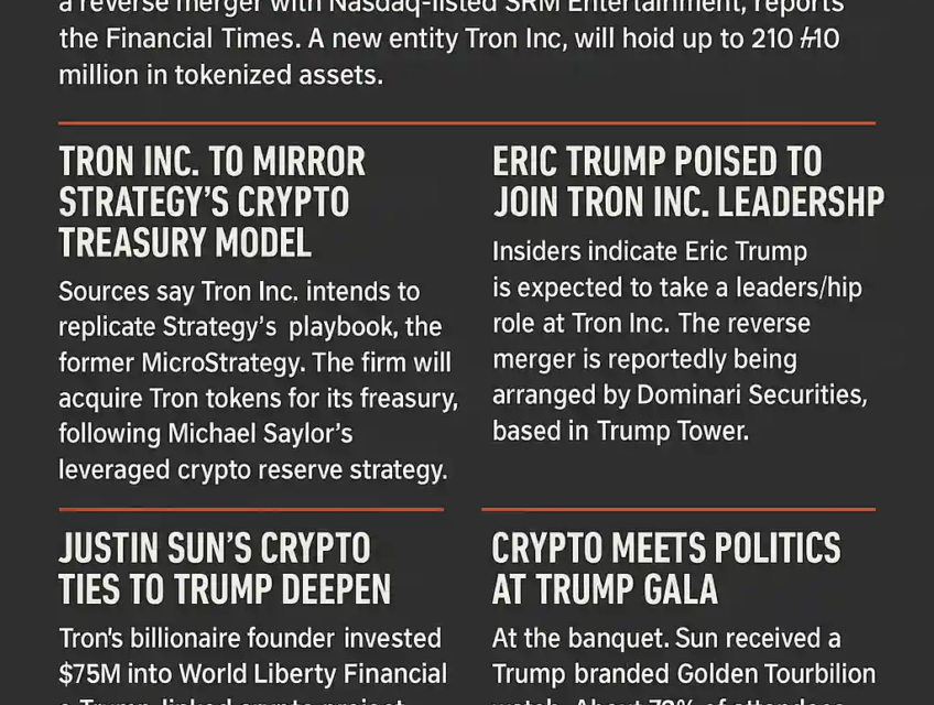 Infographic showing Tron’s reverse merger with SRM, Eric Trump’s leadership role, token reserve strategy, and Trump gala highlights.
