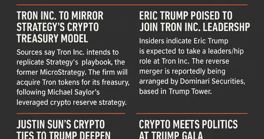 Infographic showing Tron’s reverse merger with SRM, Eric Trump’s leadership role, token reserve strategy, and Trump gala highlights.