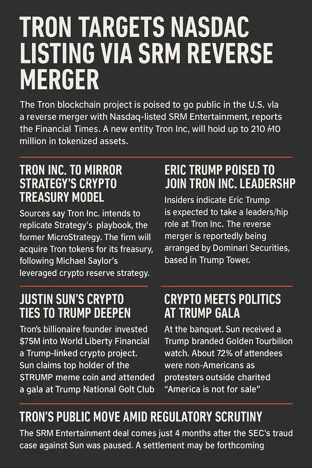 Infographic showing Tron’s reverse merger with SRM, Eric Trump’s leadership role, token reserve strategy, and Trump gala highlights.