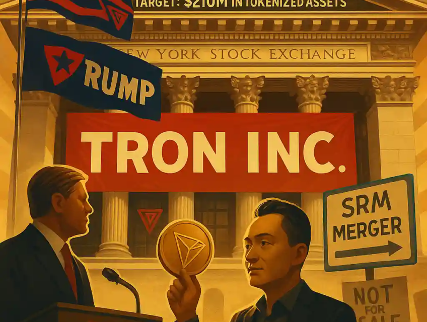 Illustration de l’entrée en Bourse de Tron Inc. via fusion SRM, devant la Bourse de New York, avec Justin Sun, Eric Trump, une bannière TRON, un panneau “SRM Merger” et des manifestants.