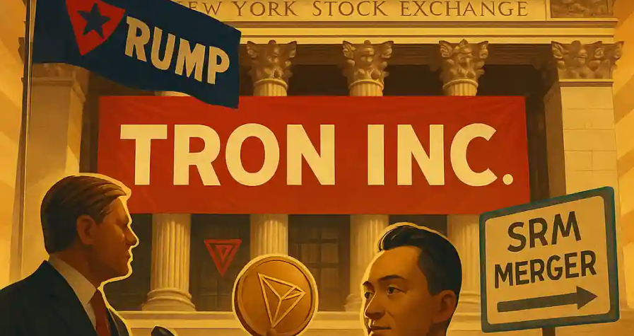 Illustration de l’entrée en Bourse de Tron Inc. via fusion SRM, devant la Bourse de New York, avec Justin Sun, Eric Trump, une bannière TRON, un panneau “SRM Merger” et des manifestants.