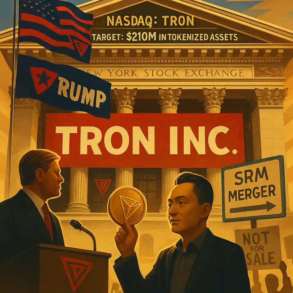 Illustration de l’entrée en Bourse de Tron Inc. via fusion SRM, devant la Bourse de New York, avec Justin Sun, Eric Trump, une bannière TRON, un panneau “SRM Merger” et des manifestants.