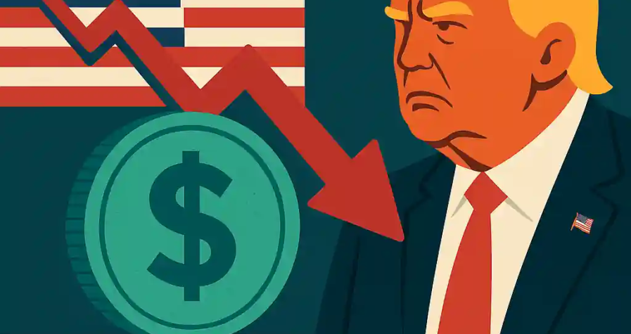 Illustration du dollar américain en chute avec Trump, une flèche rouge descendante et le drapeau US en fond.