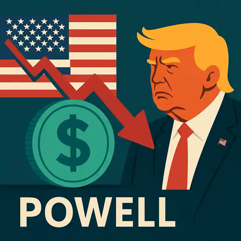 Illustration du dollar américain en chute avec Trump, une flèche rouge descendante et le drapeau US en fond.