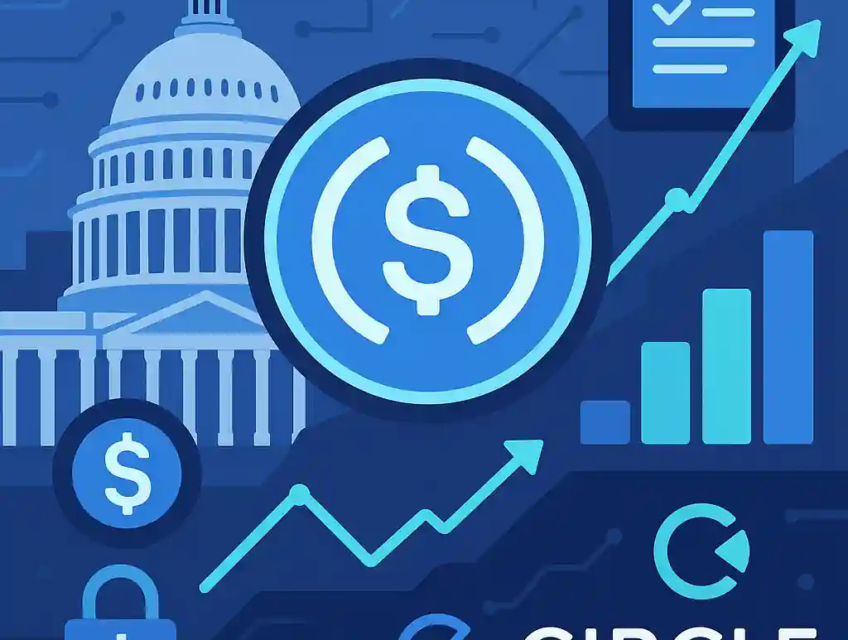 USDC stablecoin with Capitol building, growth charts, and Circle logo symbolizing U.S. Senate regulation vote